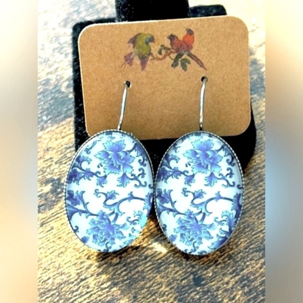 White and Blue Stainless Steel Lever Back Earrings, Handmade, NWT, Unworn